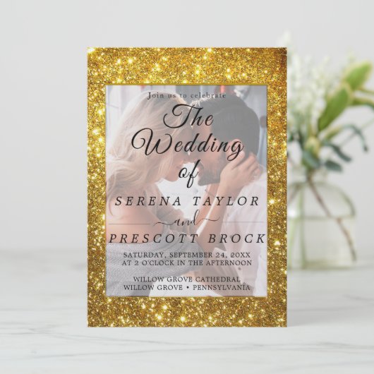 Elegant Vellum Glitter Wedding Invitation Kaart (Staand voorkant)