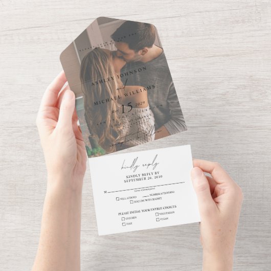 Elegant Vellum Overlay Photo Wedding RSVP All In One Uitnodiging (Afscheurbaar)