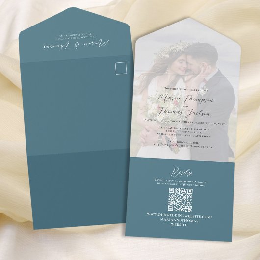 Elegant Vellum Photo Overlay Blue | QR-code RSVP All In One Uitnodiging