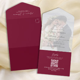 Elegant Vellum Photo Overlay Burgundy | QR-code All In One Uitnodiging