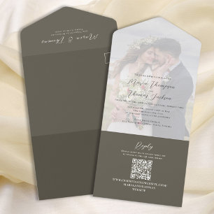 Elegant Vellum Photo Overlay Dark Brown QR-code All In One Uitnodiging