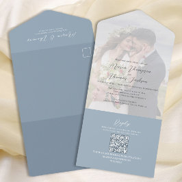 Elegant Vellum Photo Overlay Dusty Blue | QR-code All In One Uitnodiging