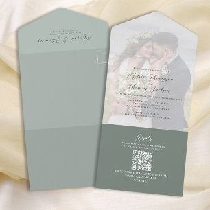 Elegant Vellum Photo Overlay Green   QR-code RSVP All In One Uitnodiging