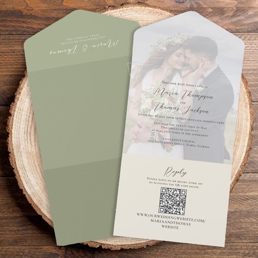 Elegant Vellum Photo Overlay Sage Green | QR-code All In One Uitnodiging