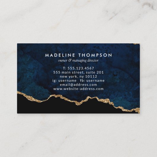 Elegant Velvet Navy Blue Marble Agate Geode Visitekaartje (Achterkant)