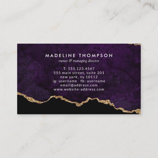 Elegant Velvet Paars Marble Agate Geode Visitekaartje (Achterkant)