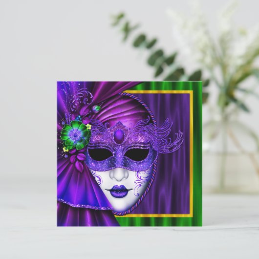 Elegant Venetiaans Masker Mardi Gras Bruiloft Kaart (Staand voorkant)