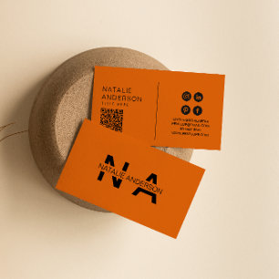 Elegant Verbrand Sinaasappel QR Code Monogram Logo Visitekaartje