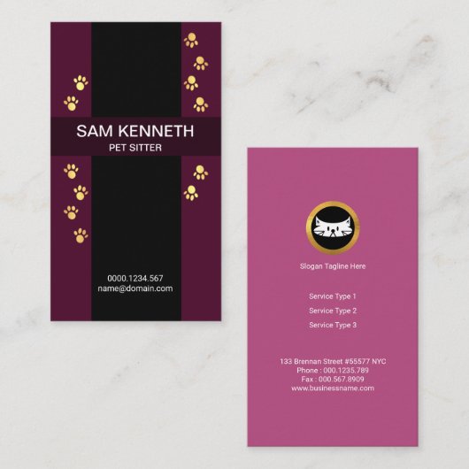 Elegant, verfijnde Paarse Pathways Gold Paw-afdruk Visitekaartje (Voorkant / Achterkant)