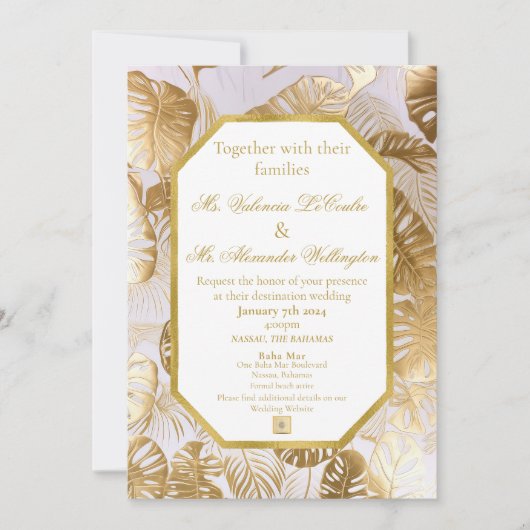 Elegant verguld goud Monstera bestemming bruiloft Kaart (Voorkant)