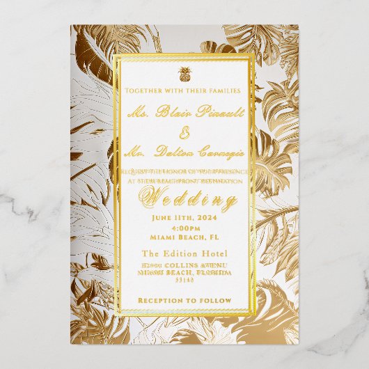 Elegant verguld goud Monstera Folie uitnodiging (Voorkant)