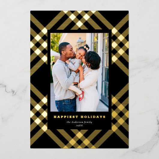 Elegant verguld Tartan kerst foto Folie Feestdagenkaart (Voorkant)