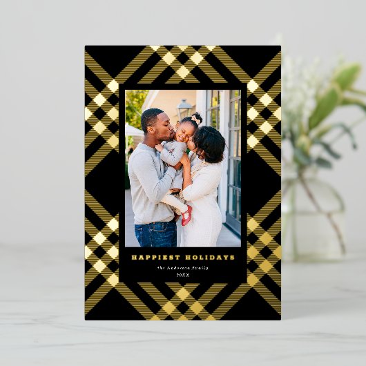 Elegant verguld Tartan kerst foto Folie Feestdagenkaart (Staand Voorkant)