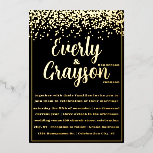 Elegant Veri Black en Gold Confetti Wedding Folie Uitnodiging (Voorkant)
