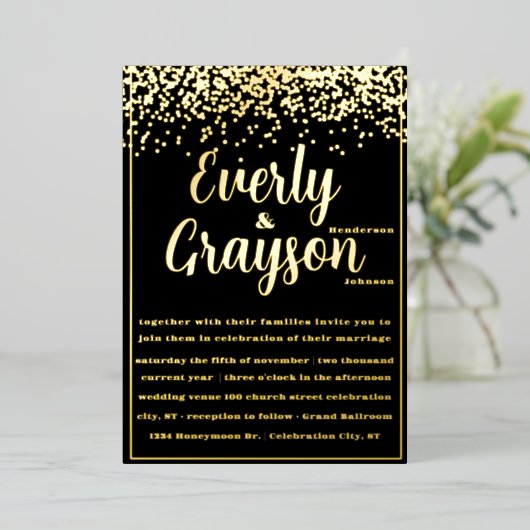 Elegant Veri Black en Gold Confetti Wedding Folie Uitnodiging (Staand Voorkant)