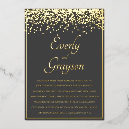 Elegant Veri Charcoal and Gold Wedding Folie Uitnodiging (Voorkant)