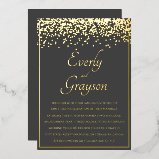 Elegant Veri Charcoal and Gold Wedding Folie Uitnodiging (Voorkant / Achterkant)