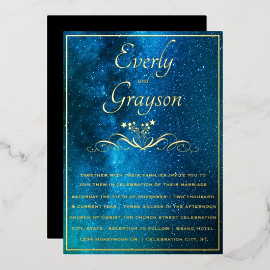 Elegant Veri Moody Shades of Blue Wedding Gold Folie Uitnodiging (Voorkant / Achterkant)