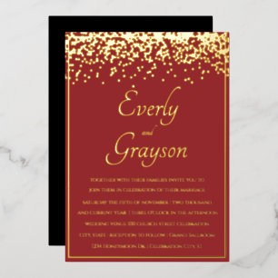 Elegant Veri Red en Gold Confetti Wedding Folie Uitnodiging
