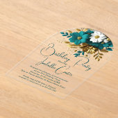 Elegant verjaardagsfeest Blauwgroen witgouden bloe Acryl Uitnodigingen (Laagn)