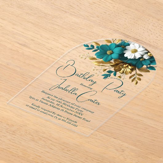 Elegant verjaardagsfeest Blauwgroen witgouden bloe Acryl Uitnodigingen (Laagn)