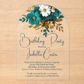 Elegant verjaardagsfeest Blauwgroen witgouden bloe Acryl Uitnodigingen (Voorkant)
