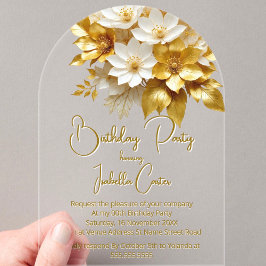Elegant Verjaardagsfeest Goud Witte Bloemen Bloems Acryl Uitnodigingen