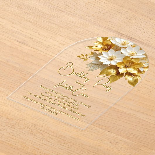 Elegant Verjaardagsfeest Gouden Witte Bloemen Bloe Acryl Uitnodigingen (Laagn)