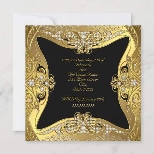 Elegant Verjaardagsfeest Gouden Zwarte Diamanten Kaart (Achterkant)