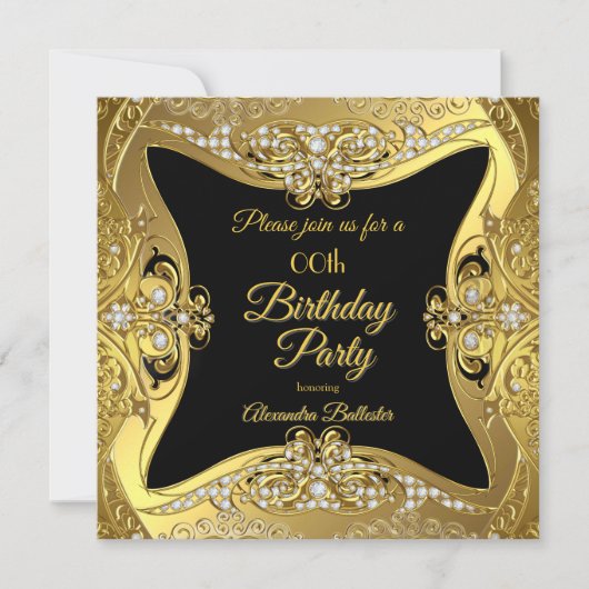 Elegant Verjaardagsfeest Gouden Zwarte Diamanten Kaart (Voorkant)