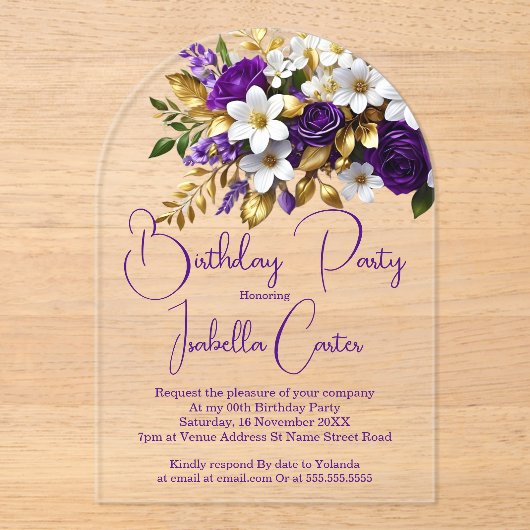 Elegant verjaardagsfeest Paarse witgouden bloem Acryl Uitnodigingen (Voorkant)
