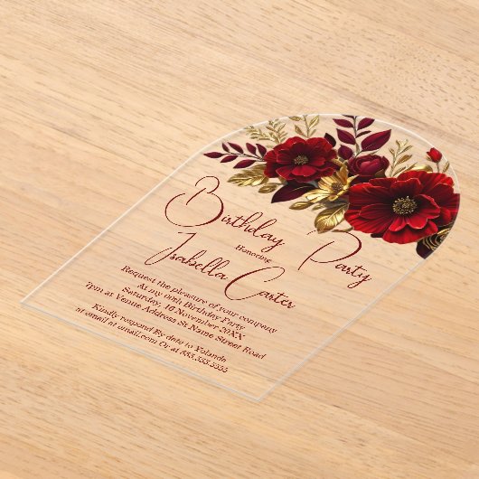 Elegant verjaardagsfeest rood gouden bloemen acryl uitnodigingen (Laagn)
