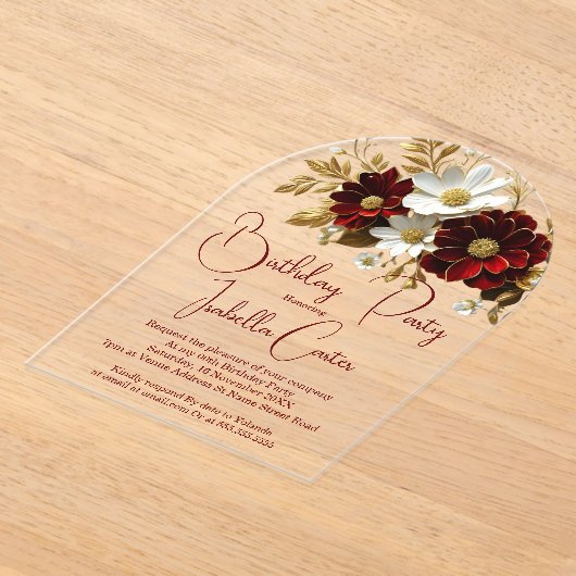 Elegant verjaardagsfeest rood wit gouden bloemen acryl uitnodigingen (Laagn)