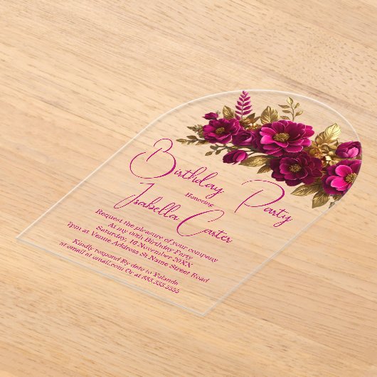 Elegant verjaardagsfeest roze gouden bloemen acryl uitnodigingen (Laagn)