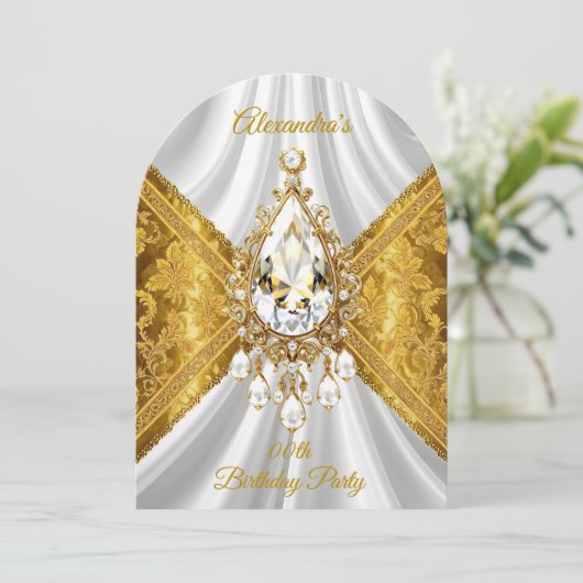 Elegant verjaardagsfeest Wit Goud Diamant Bloemen Kaart (Staand voorkant)