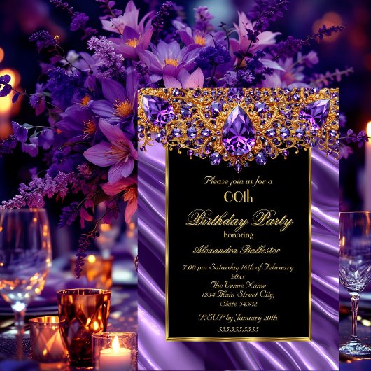 Elegant Verjaardagsfeest Zijde Paarse juweel Goud Kaart