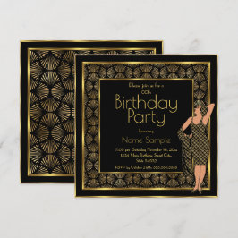 Elegant verjaardagsfeest Zwart Goud Art Deco Dame  Kaart