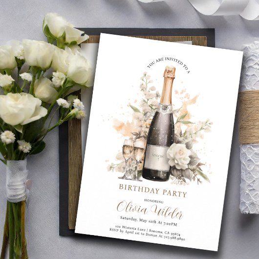 Elegant verjaardagsfeestje | Champagne Floral Kaart