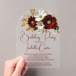 Elegant verjaardagsfeestje rood wit goud bloemen acryl uitnodigingen