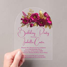 Elegant verjaardagsfeestje roze gouden bloemen acryl uitnodigingen
