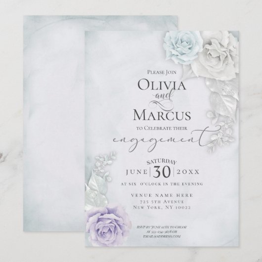 Elegant Verloving Blue Lila en Ivory Rozen Kaart (Voorkant / Achterkant)