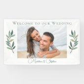 Elegant Verloving Foto Groene Botanische Bruiloft Spandoek (Horizontaal)