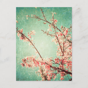 elegant versleten blauwgroen hout & kersbloesem briefkaart