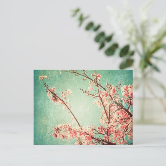  elegant versleten blauwgroen hout & kersbloesem briefkaart (Staand voorkant)