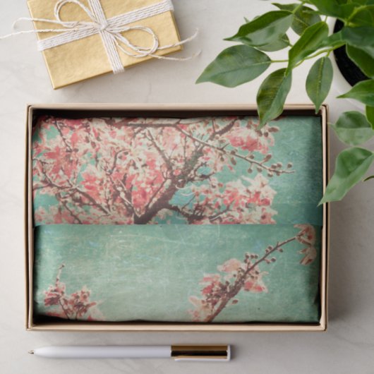 elegant versleten blauwgroen hout & kersbloesem tissuepapier (Geschenk)