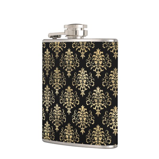 Elegant vervormd Gold Damask-patroon op zwart Heupfles (Links)