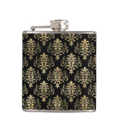 Elegant vervormd Gold Damask-patroon op zwart Heupfles (Voorkant)