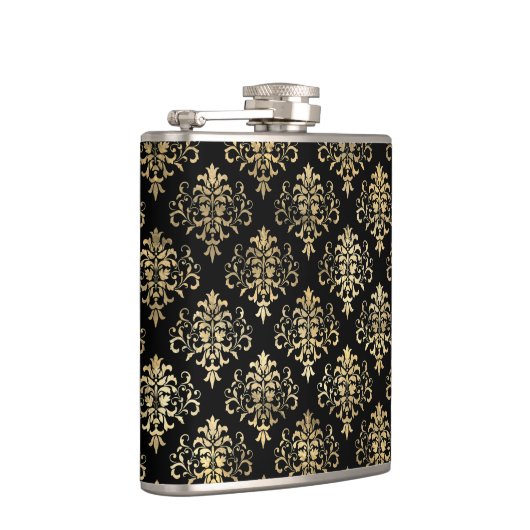 Elegant vervormd Gold Damask-patroon op zwart Heupfles (Rechts)