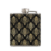 Elegant vervormd Gold Damask-patroon op zwart Heupfles (Achterkant)