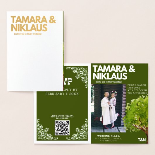 Elegant vet bos groen slavisch foto bruiloft folie kaarten (Display)